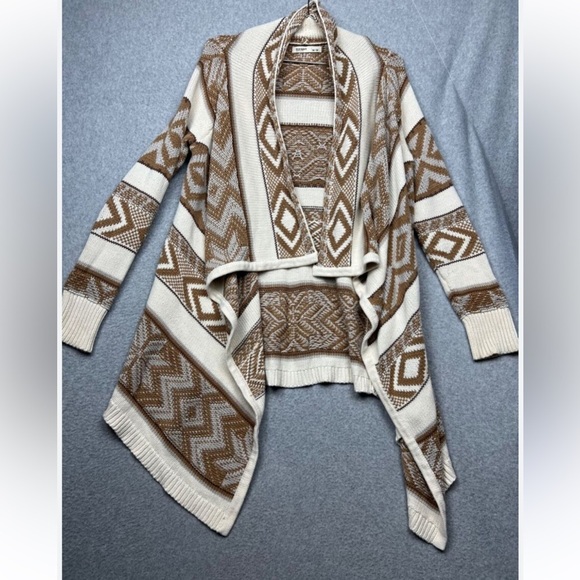 Old Navy Cream and Caramel Open Front Waterfall Cardigan,Aztec Bohemian Print, S - Picture 1 of 6